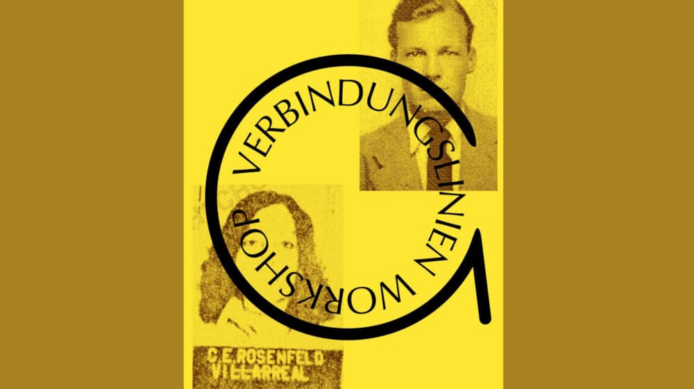 Passfotos von Lotty Rosenfeld und Willy Brandt. Darüber ein kreisförmiger Pfeil in dem 