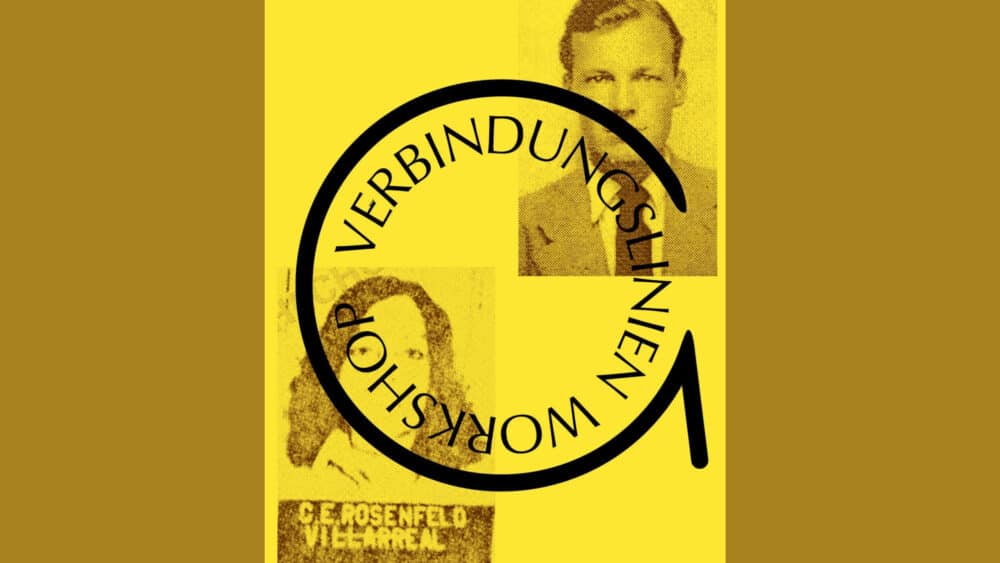 Passfotos von Lotty Rosenfeld und Willy Brandt. Darüber ein kreisförmiger Pfeil in dem 