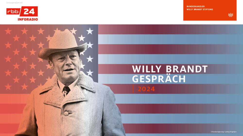 Grafik auf der Willy Brandt mit Cowboy-Hut vor einer Flagge der USA steht