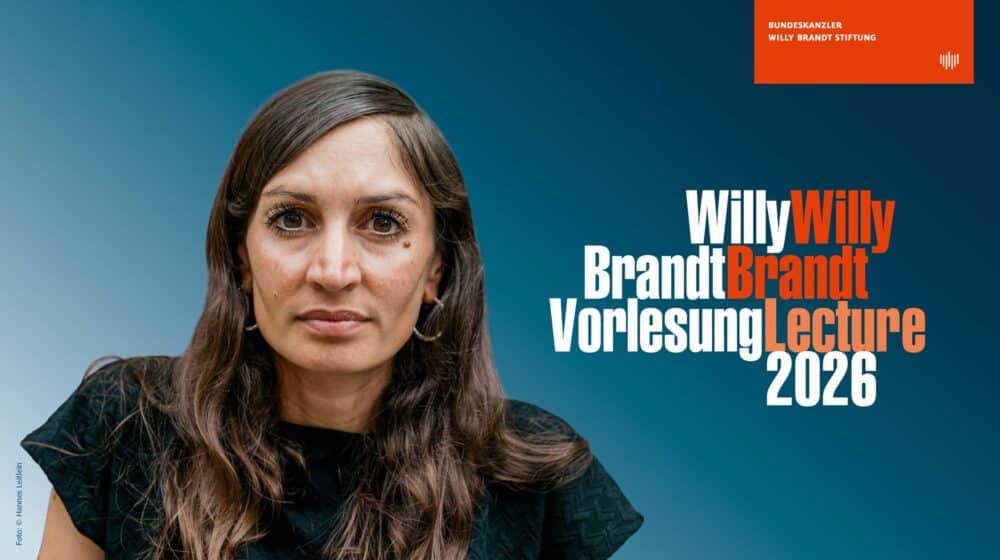 Potraitfoto von Gilda Sahebi links. Rechts ist Willy Brandt Lecture 2026 zu lesen.