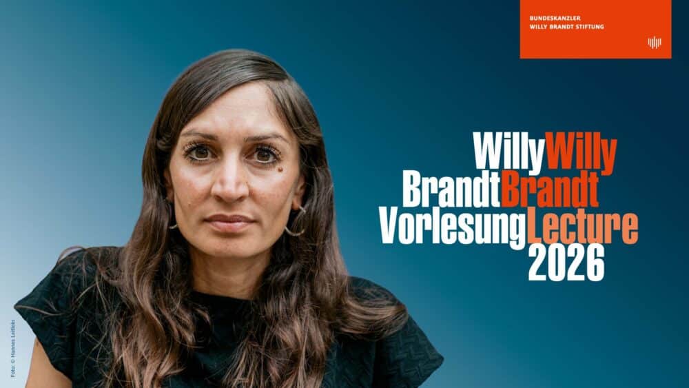 Potraitfoto von Gilda Sahebi links. Rechts ist Willy Brandt Lecture 2026 zu lesen.